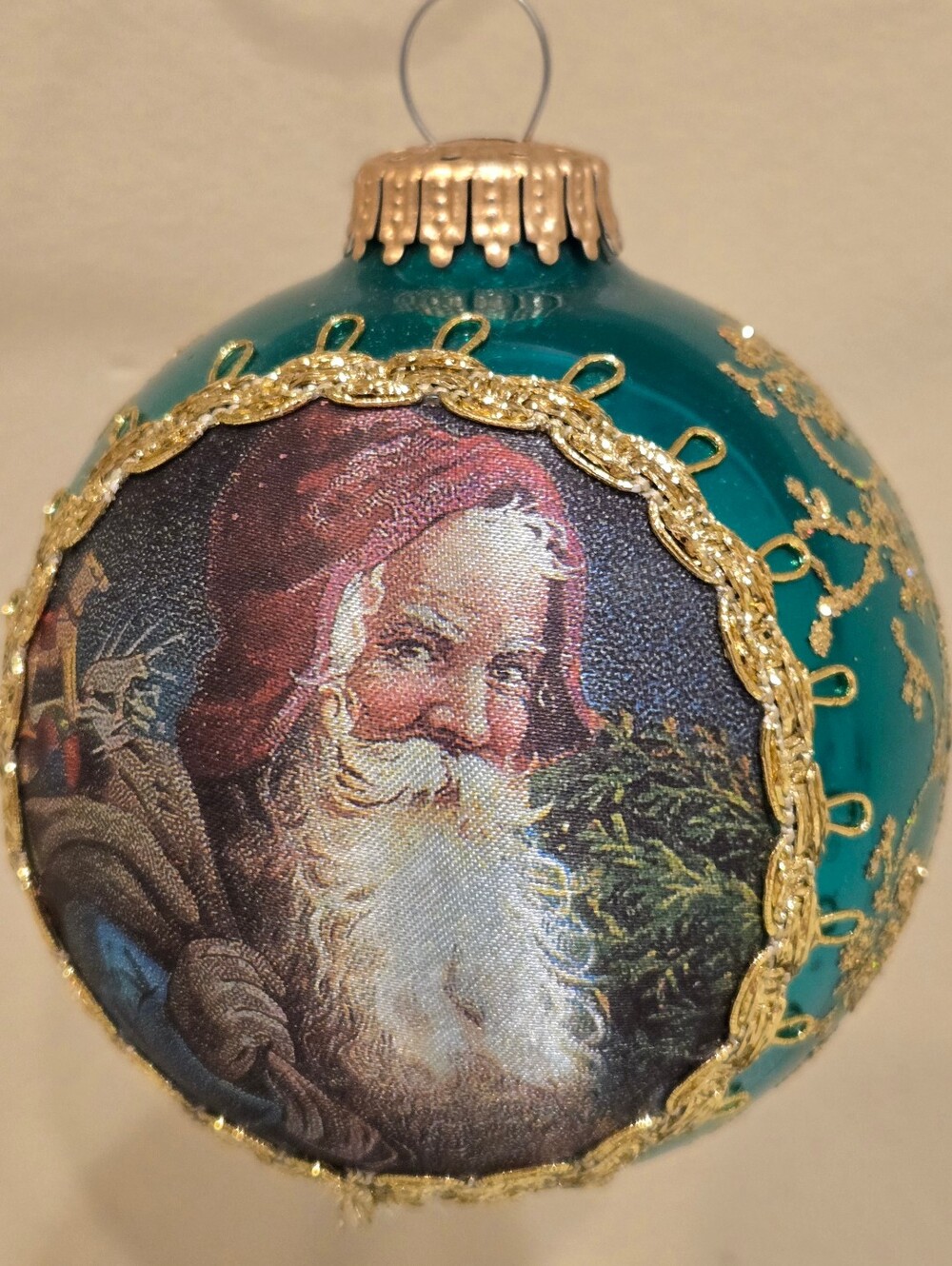 Santas On Silk Grandfather Frost Glass Ornament with Gold Trim